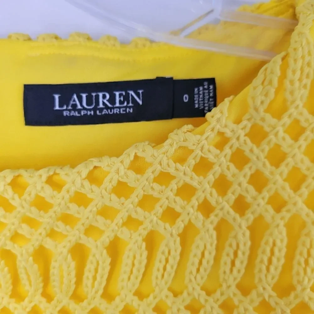 Lauren Ralph Lauren Lemon Yellow Lattice Lace Cap Sleeve Dress - Picture 8 of 9